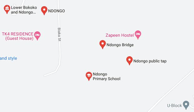 Image from google map showing the Ndongo neighbourhood and the public tap